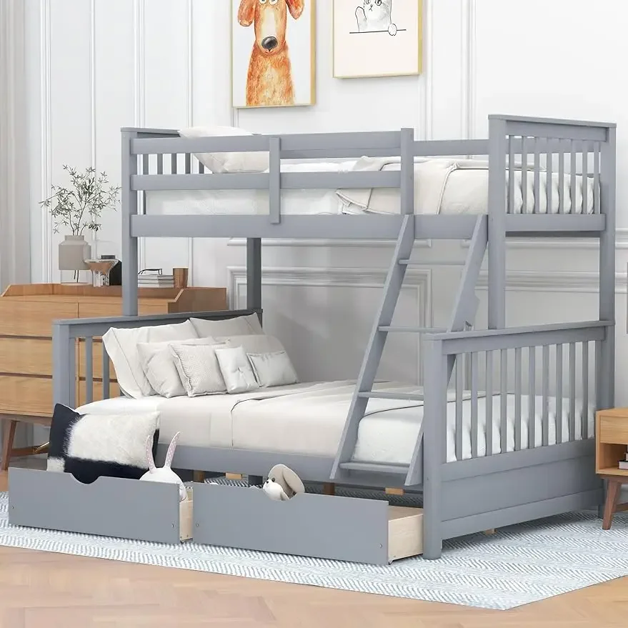 

Twin Over Full Convertible Wood Bunk Bed w/ Ladders &2 Storage Drawers,Solid Wood Detachable Bunk Bed Frame,Grey/Walnut/White