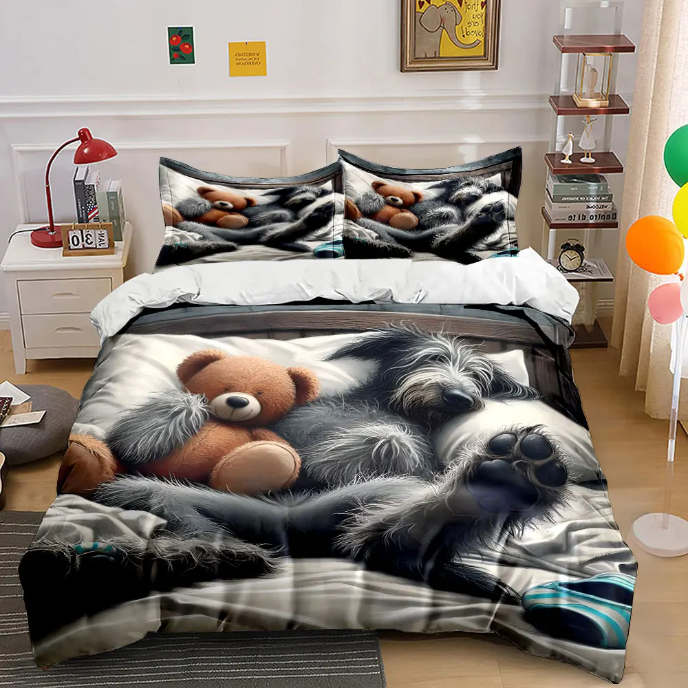 

Furry Dog Sleeps with Plush Toy Print Bedding Set 1 Duvet Cover 2 Pillowcases for Adult and Children Luxury Gift Full Size