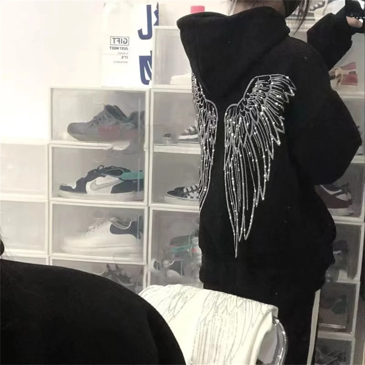 Fashion Diamonds Wings Print Hoodie Women Winter Autumn Black Tops Ulzzang Hip Hop Harajuku Pullover Hooded Hoodie Sweatshirts