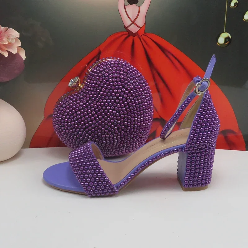 

New Open Toe Bridal Shoes Purple Pearl Fish Toe Wedding Party Shoes with Bag Summer Sandals Woman Ankle Strap Buckle Thick Heel