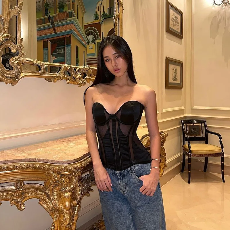 Women Sexy Breathable Mesh Bra Corset Slim Streetwear See Through Overbust Bustier Top