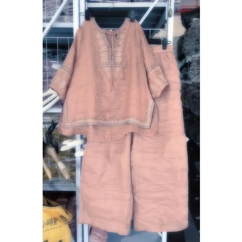 2025 ربيع جديد للمرأة 2 قطعة مجموعة النمط الصيني فضفاض مرونة الخصر واسعة الساقين سراويل تقليدية وبلوزة التطريز الجانبية سبليت #2