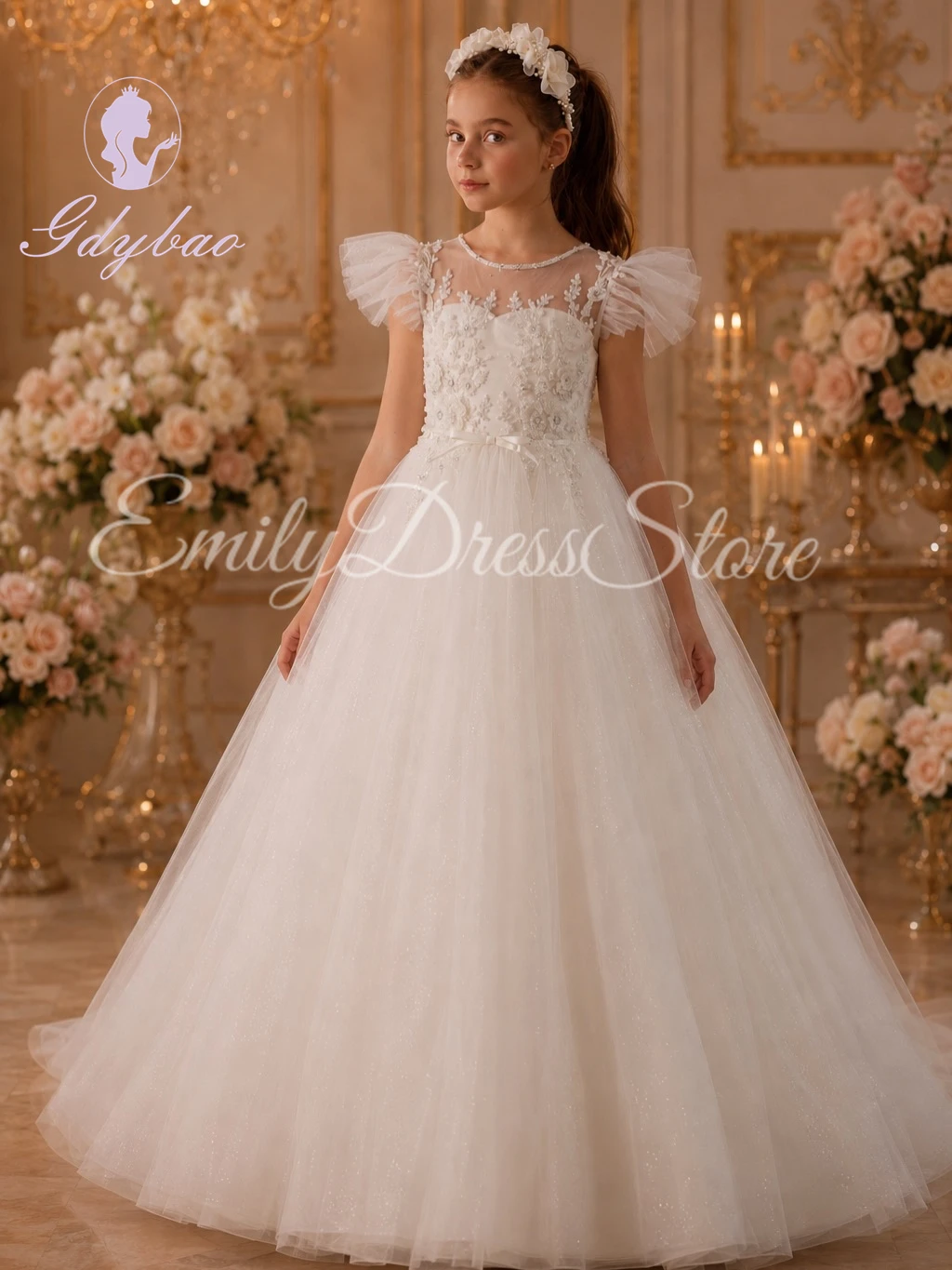 Ivory Flower Girl Dress for Wedding With Bow 3d Applique Lace Tulle Kids Elegant Birthday Party Custom First Communion Ball Gown