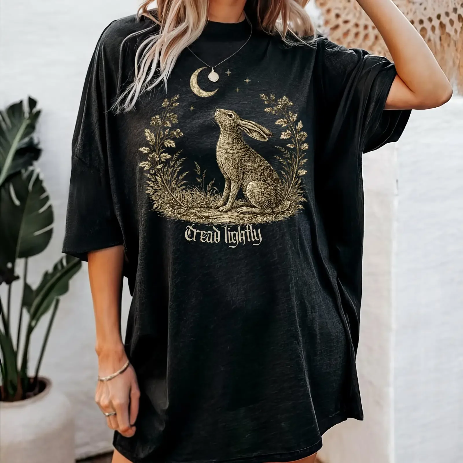 Moon Gazing Hare Retro Pagan 'Tread Lightly' T shirt Spiritual Bohemian Forest Folklore Magic Nature vintage Washed Versatile