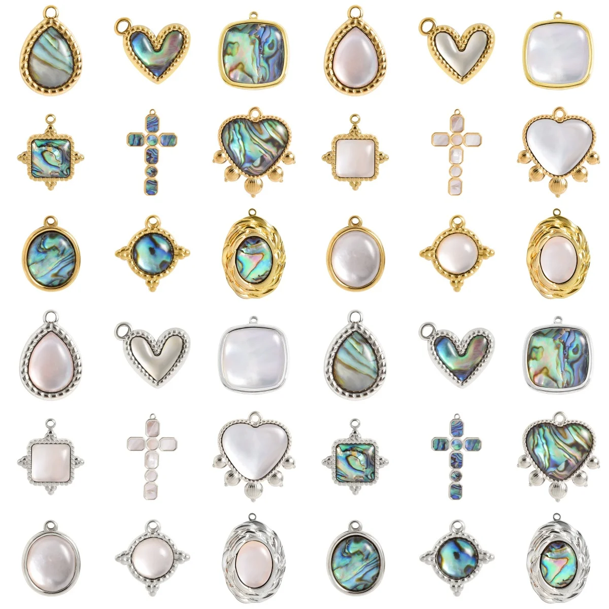 5pcs/lot Natural Abalone Shell Stainless Steel Pendants Heart Square Cross Round Shaped Charms DIY Jewelry Making Accessories