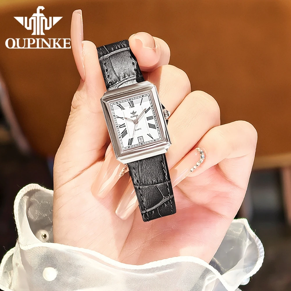 

OUPINKE 3182 Женские часы с швейцарским кварцевым механизмом, элегантные наручные часы с римскими цифрами, кожаным ремешком, водонепроницаемые, светящиеся, роскошные часы