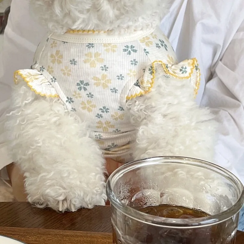 

Puppy Cherry Blossom Vest Pet Summer Fly Sleeve Thin Pet Two Leg Clothes Teddy Soft Pullover Fashion Flower Dog Clothes No Bag