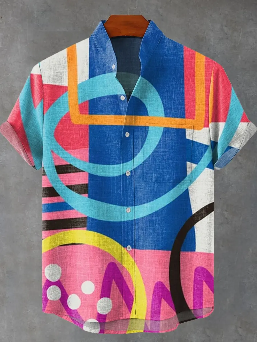 Chemise à manches courtes en lin pour hommes, décontractée, mode graffiti, style hip-hop, haut à boutons de haute qualité, été