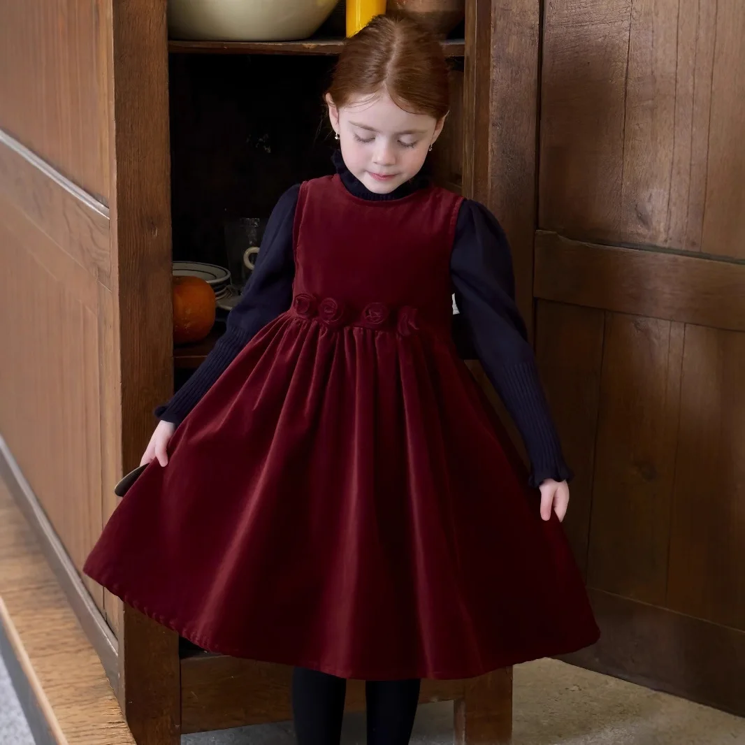 

2025 Autumn Winter New Girls Cotton Velvet French Retro Dress Girls Three Dimensional Flower Vest Dress