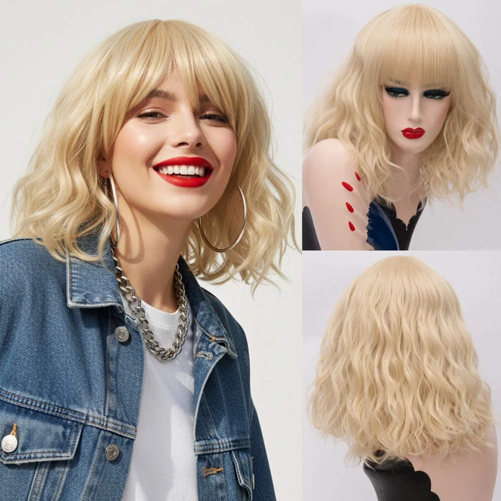 MSIWIGS Short Synthetic Cosplay Wigs Blonde Wavy Wig with Bangs Purple Pink Ombre Hair Wigs for Women