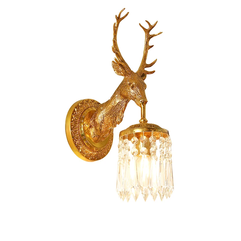 

French - Inspired European Wall Mount Head Lamp, Deer - Shaped Antique Crystal Brass Wall Sconce For Indoor Spaces