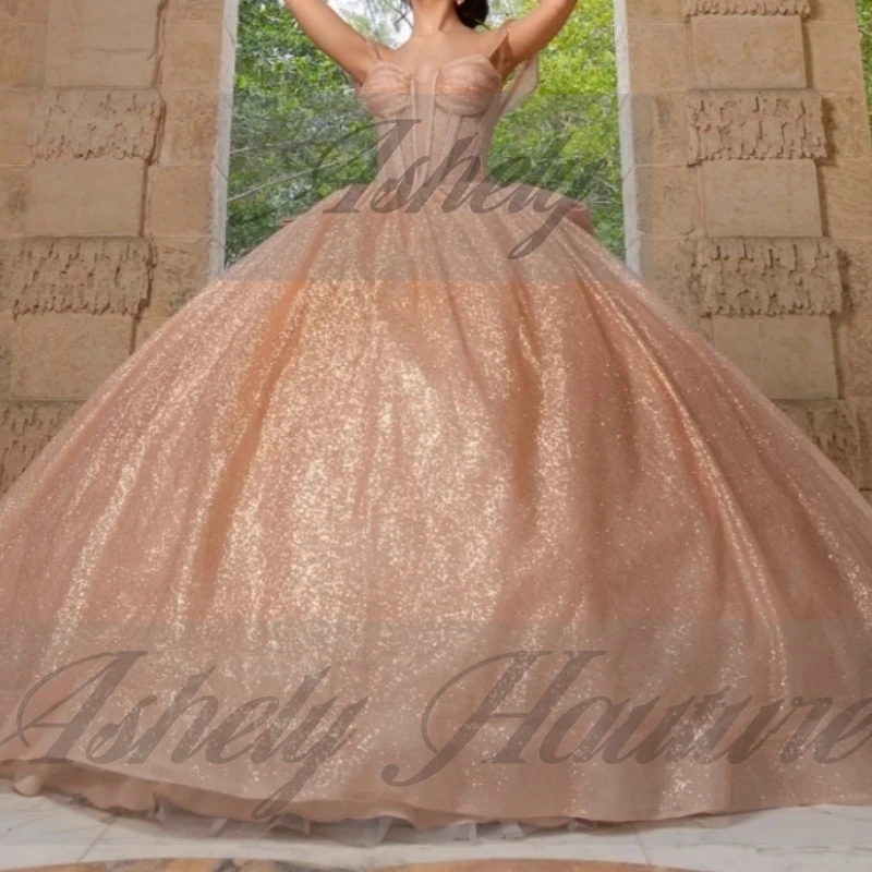 فساتين Quinceanera لامعة بلون الشمبانيا الذهبي مطرز بالخرز فستان حفلة موسيقية وحفلات أعياد الميلاد فستان زفاف Vestido De xv Anos 15 16 مخصص #3