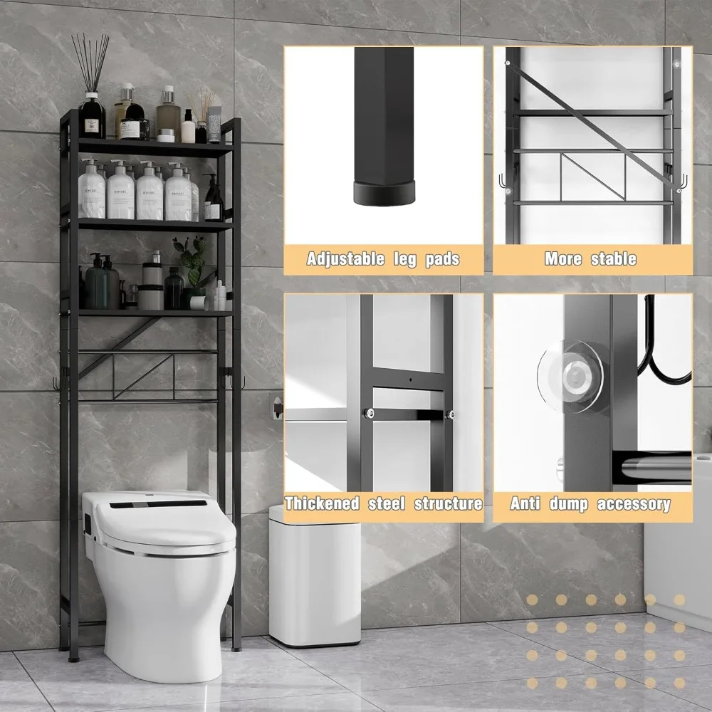 Over The Toilet Storage Cabinet, Metal 3 Tier Bathroom Organizer Shelf, Stable Freestanding Above Toilet Stand, Black