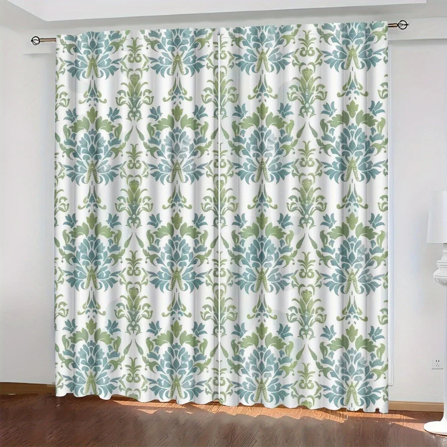 Elegant Green and Blue Leaf Pattern Curtains for Living Room Home Decor Light Filtering Drapery Panels