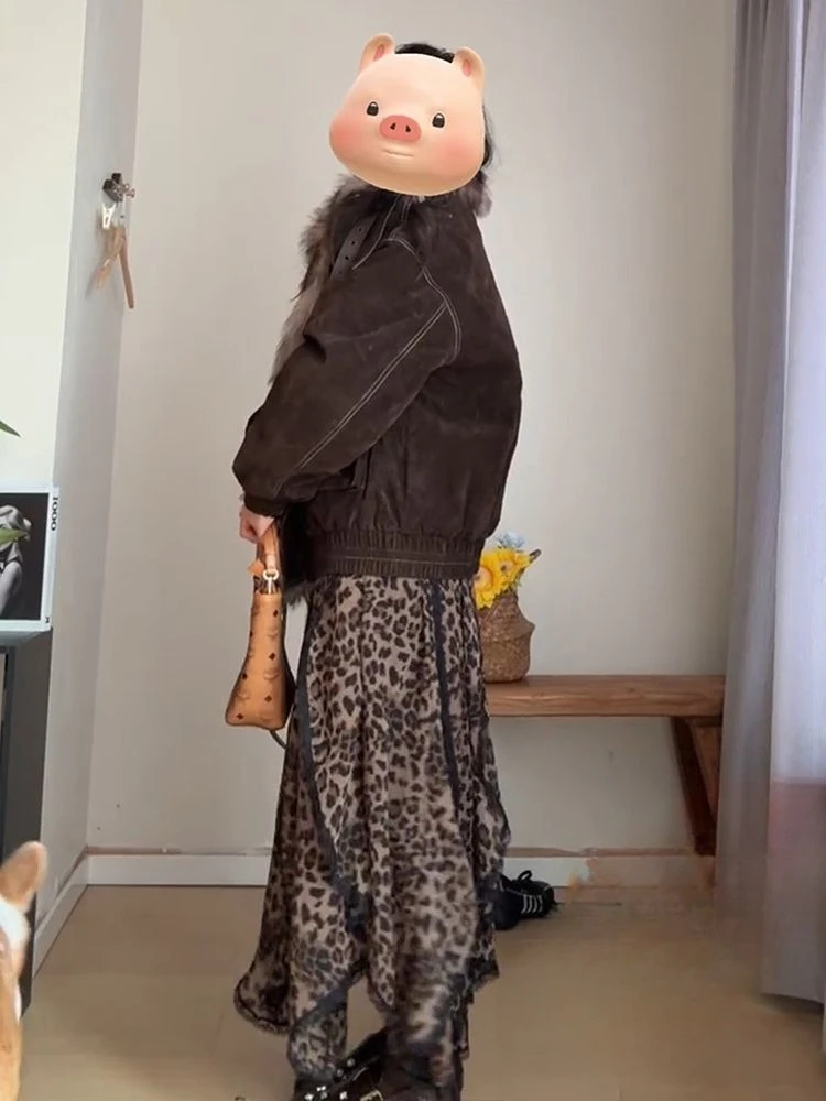 2000 Aesthetic Japanese Vintage Brown Leopard Skirts Women American Retro Hottie Cake Skirt Harajuku Korean Popular Clothes 2026