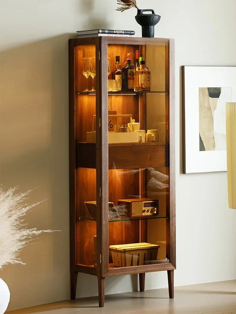 N North America Black Walnut Solid Wood Glass Wine Cabinet Light Luxury Display Storage V Side Cabinet High And Low Bookcase