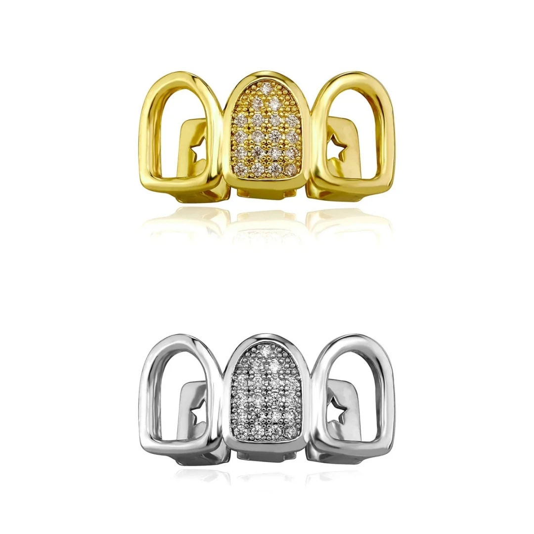 Bestselling Hip Hop CZ Teeth Grillz Gold Silver Color 3 Tooth Cap Dental Punk Rapper Grills for Men Women