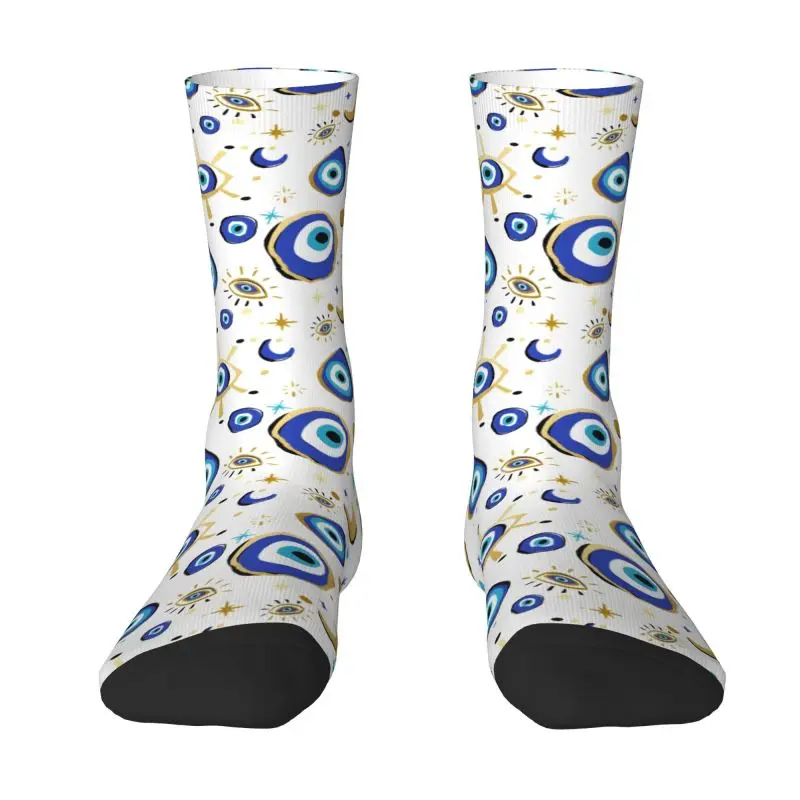 Fun Print Mediterranean Blue And Gold Evil Eye Socks Men Women Stretchy Summer Autumn Winter Hamsa Nazar Amulet Boho Crew Socks