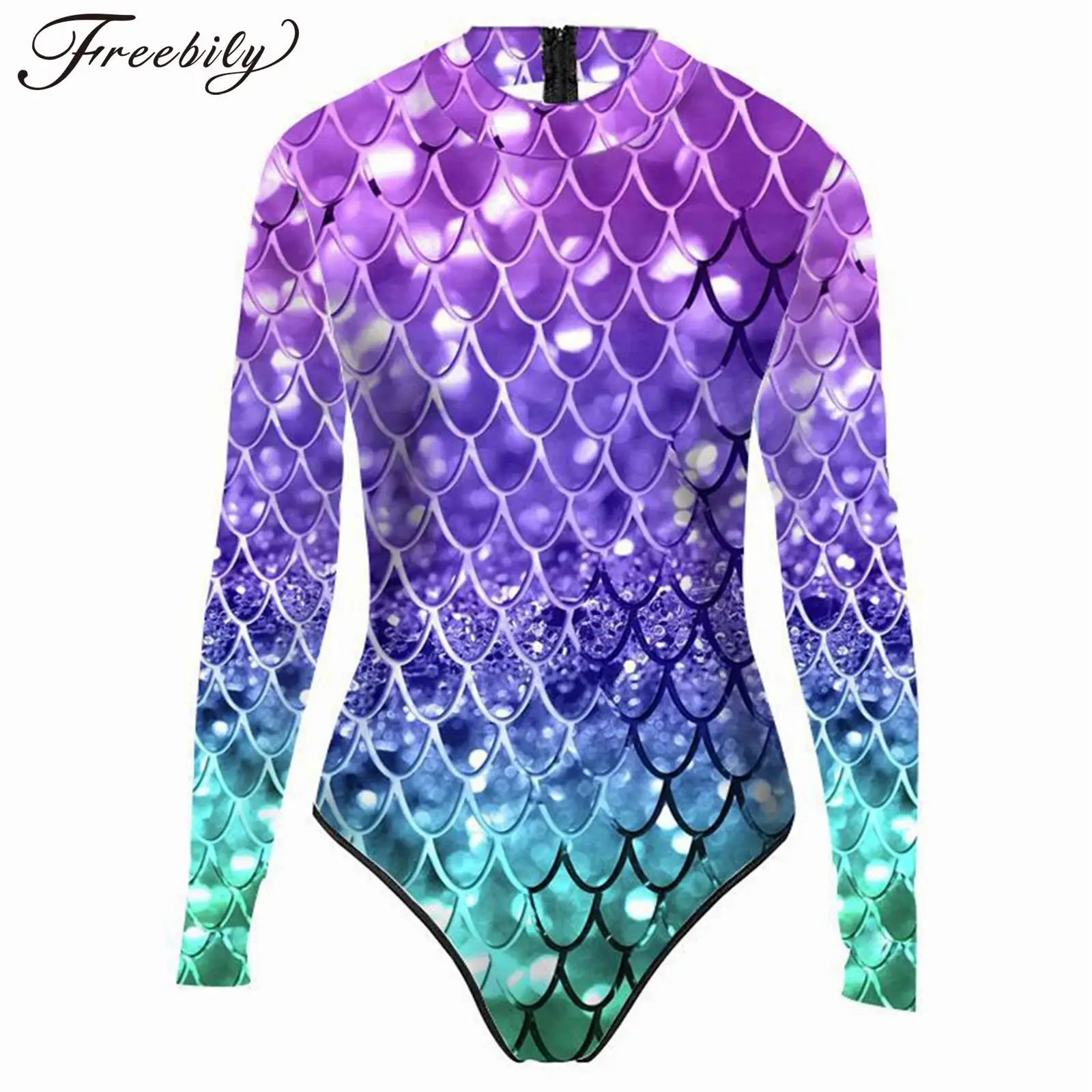 Freebily-Fish Scale Swimsuit impresso para mulheres, manga longa, zíper, roupa de natação fundida, 1 peça