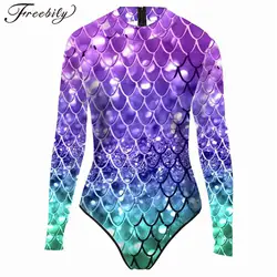 freebily Swimsuit Women One Piece Swimsuit Long Sleeve Zippper Fish Scale Printed Mermaid Swimsuit Fused Women's Swimming Suit