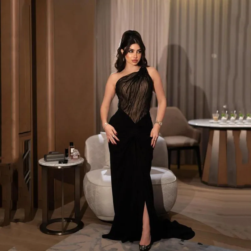 

Sexy Black Lace Mermaid Prom Dresses Simple Sleeveless One Shoulder Pleat Sequined Party Dresses Backless Formales Customized