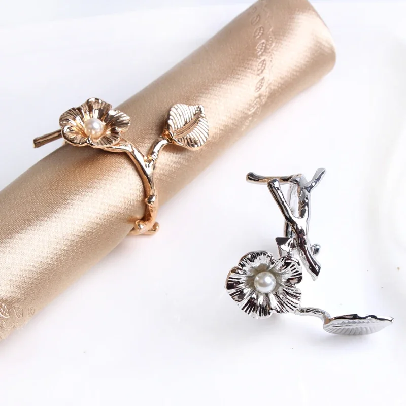 Shiny Gold Silver Plating Branch With Leaves And Pearl Inlaid Flower Design Metal Alloy Napkin Rings Set of 6 Pieces