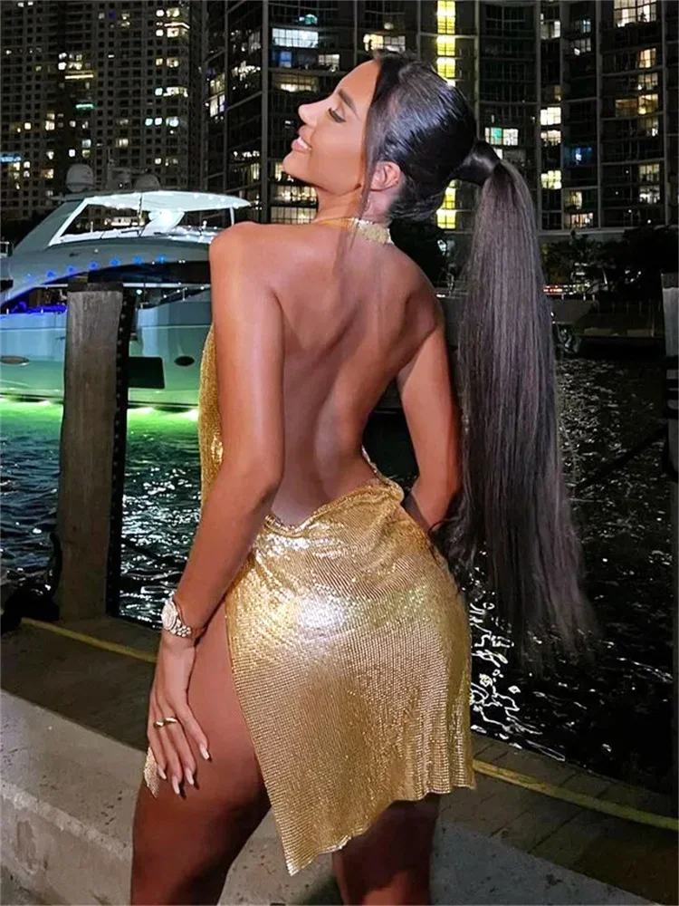Vrouwen Glitter Sexy Jurk Mouwloos Halter Backless Laag Uitgesneden Split Korte Jurk Zien Door Party Club Sexy Jurken Vrouwelijke Zomer
