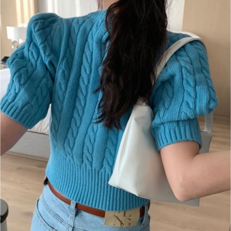 OCEANLOVE Puff Sleeev Solid Sweaters Women Tops Korean Fashion Chic Simple Pull Femme Spring Summer Sweet Short Pullovers