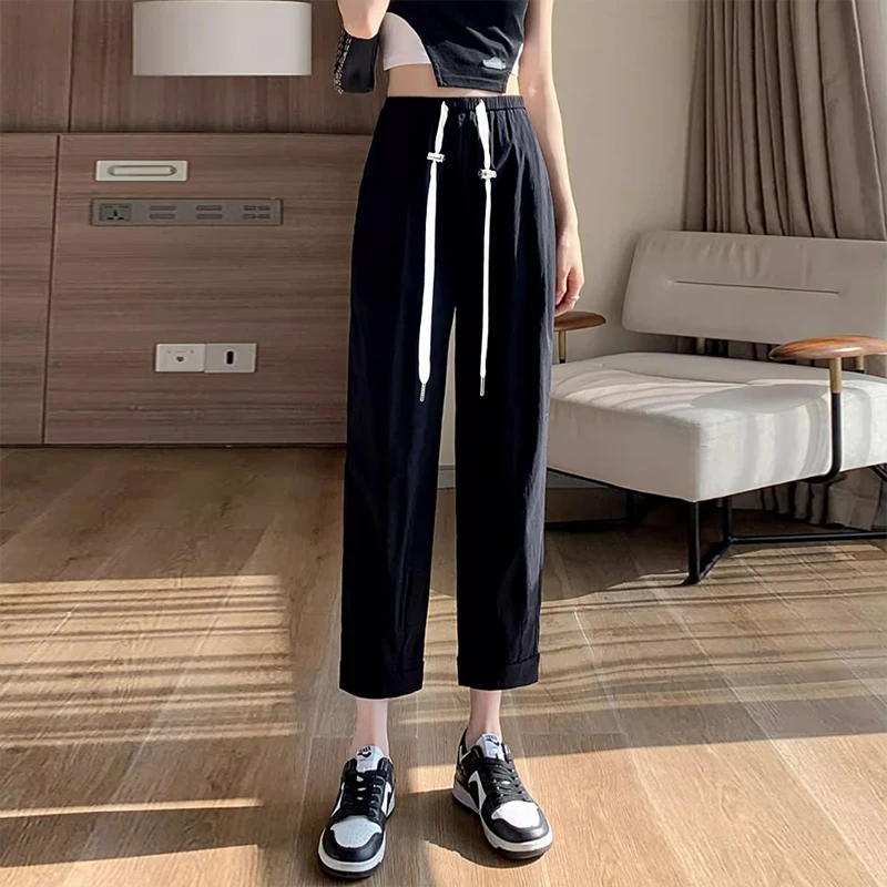 

Korean Style Maternity Trousers for Summer Solid Color Drawstring Waist Pregnant Woman Thin Pants Loose Casual Pregnancy Clothes