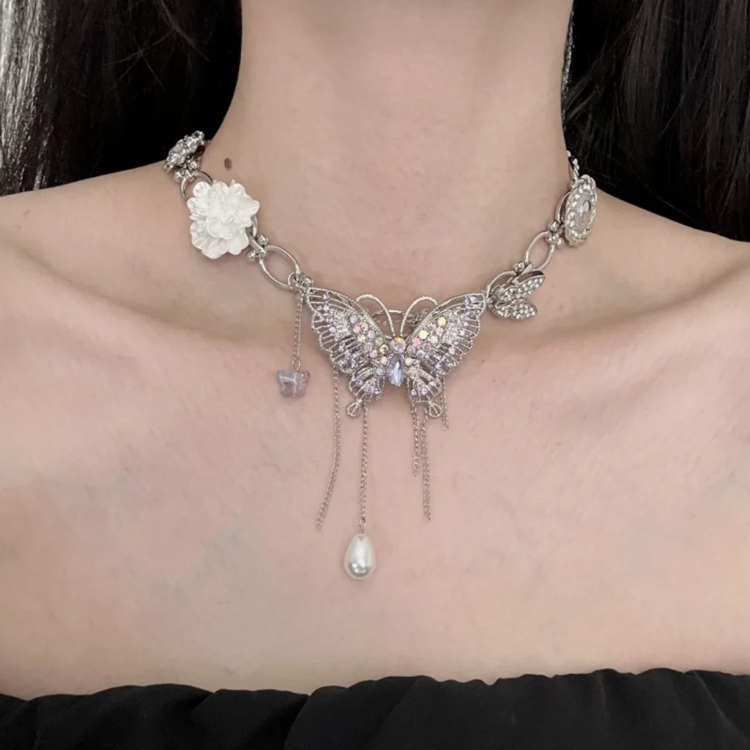 

DUTRIEUX Y2K Style Elegant Pearl Butterfly Pendan Tassel Necklace Exquisite Fashion Light luxury Lockbone Chain Choker Jewelry
