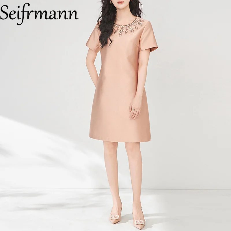 

Seifrmann Fashion design Women's Party Dress Short-Sleeved Beading Crystal Solid Celebrity Temperament A-Line Dresses
