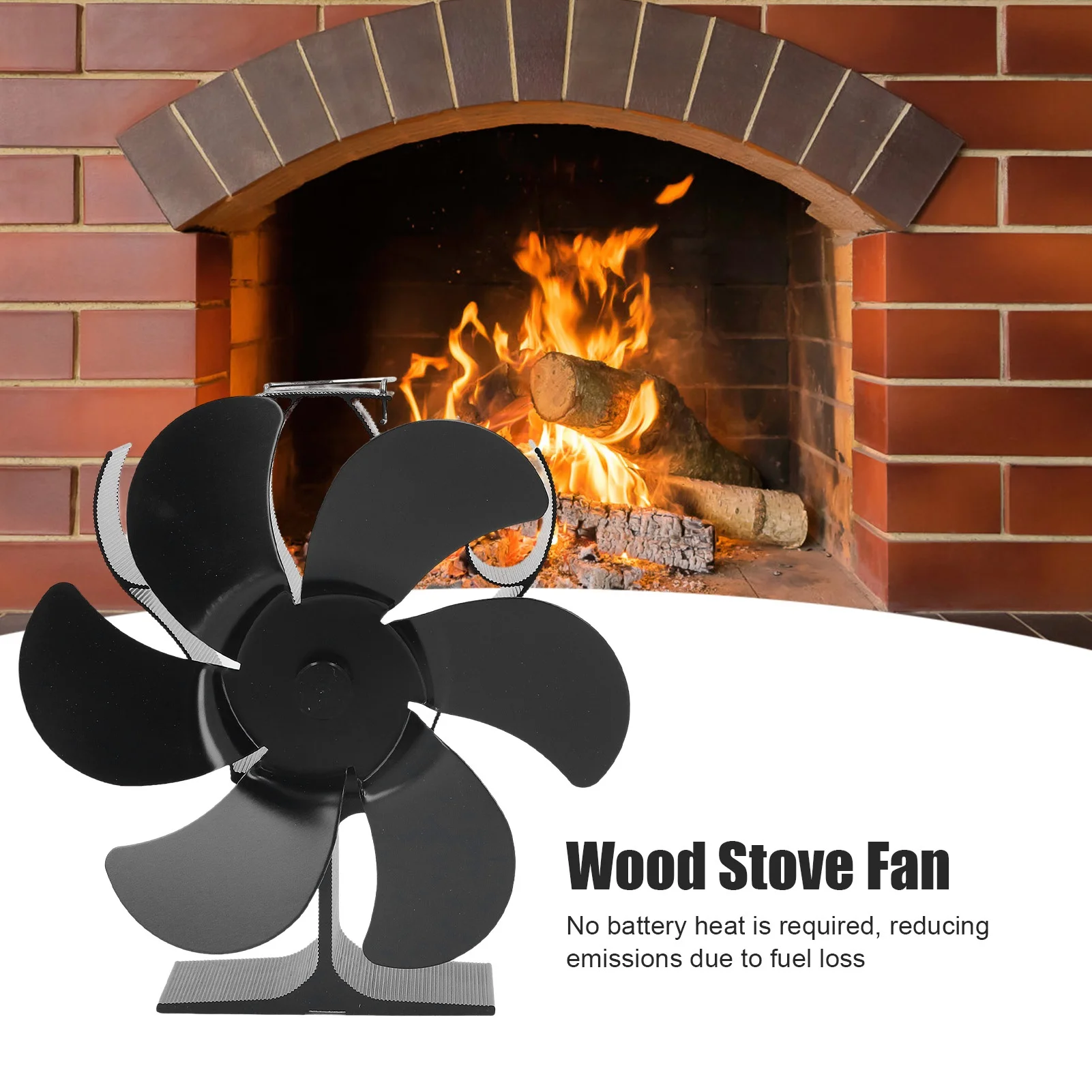 High Temperature Resistance Self Starting Wood Burning Stove Fireplace Fan Black Diameter 152mm 6 Blades Heat Powered Stove Fan