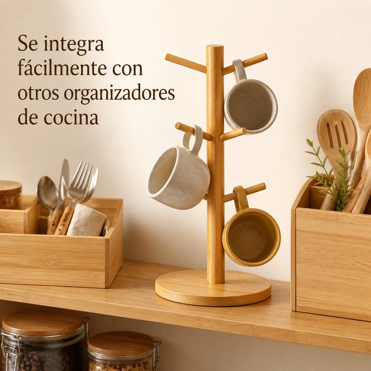 Soporte Organizador de Tazas de Bambú Natural con 6 Ganchos, Árbol Escurridor para Encimera de Cocina, Estante de Almacenamiento Vertical Ecológico y Estable, Medidas 16.3x34.5cm