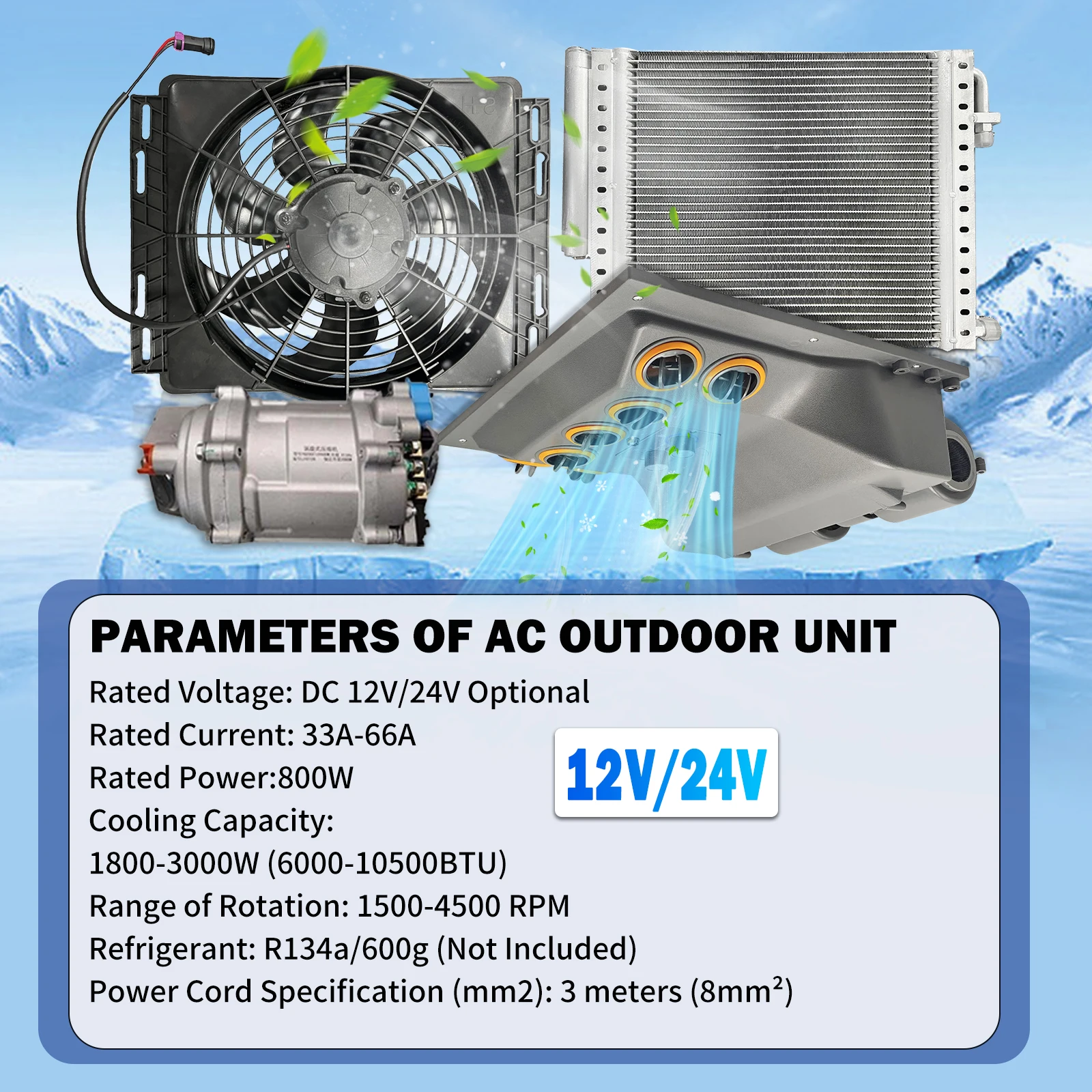 Treeligo 1Set 10500BTU 12V 24V Car Electric Air Conditioner AC Fast Cooling Air Conditioning Compressor Condenser Fan Auto Truck