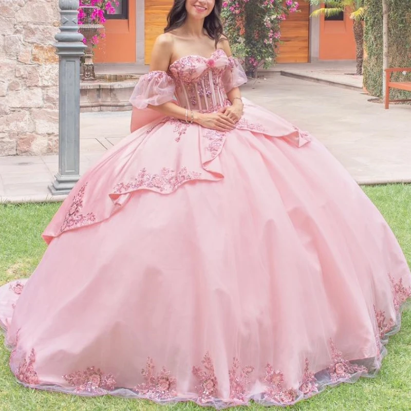 

Pink Shiny Off The Shoulder Ball Gown Quinceanera Dresses Applique Lace Bow Beads Tull Party Birthday Sweet 16 Dress Vestido De