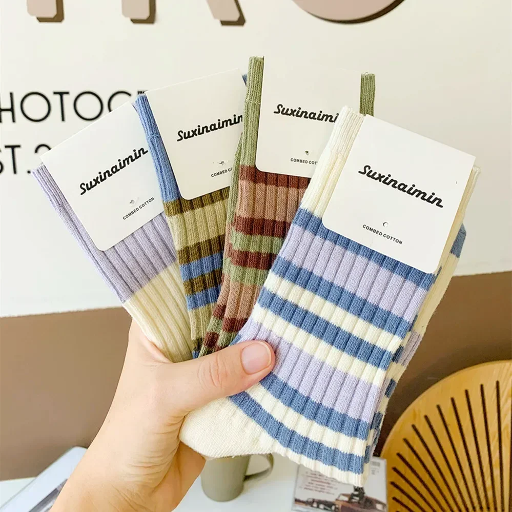 High Quality Cotton Knitting Women Socks Korean Style Vintage Long Socks Multicolor Striped School Girls Skateboard Sports Socks