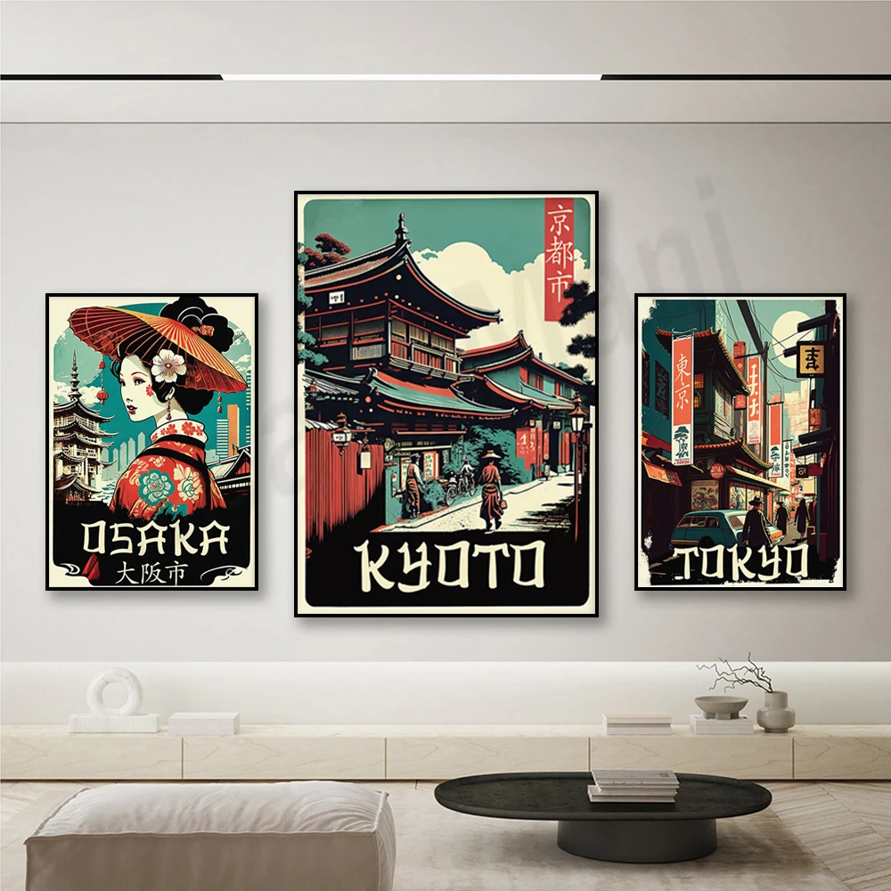 Vintage travel poster, Tokyo Osaka Kyoto city poster, Japanese traditional wall art eclectic print