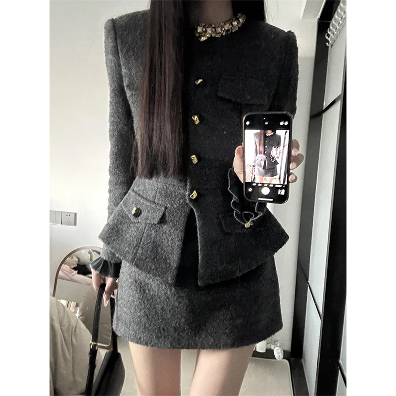 MEXZT 2 Piece Set Women Outfit Vintage Cropped Beading Jacket Elegant Mini Skirt Korean Slim Coats Winter Ladies Design Outfits