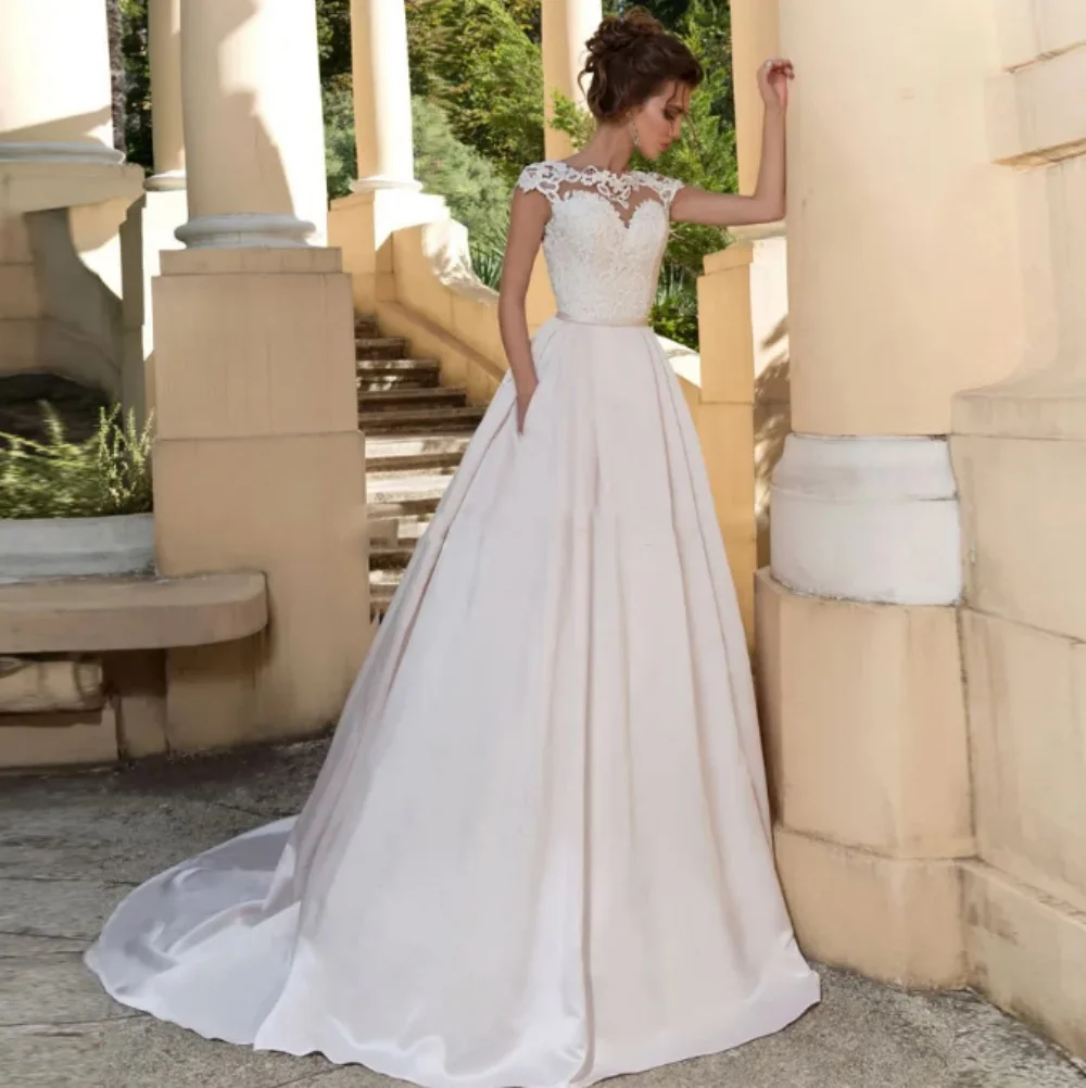 Spitzen applikationen O-Ausschnitt Brautkleid Flügel ärmel A-Linie Satin Brautkleid Vestido de Novia Robe de Mariée 2024 Hochzeits feier Kleid