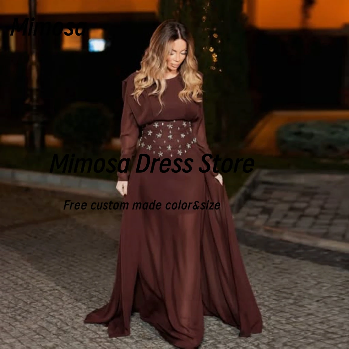 

Mimosa فساتين سهرة Long Sleeves Prom Dresses Crystals Sash Evening Party Dress Saudi Women Special Gowns Customized