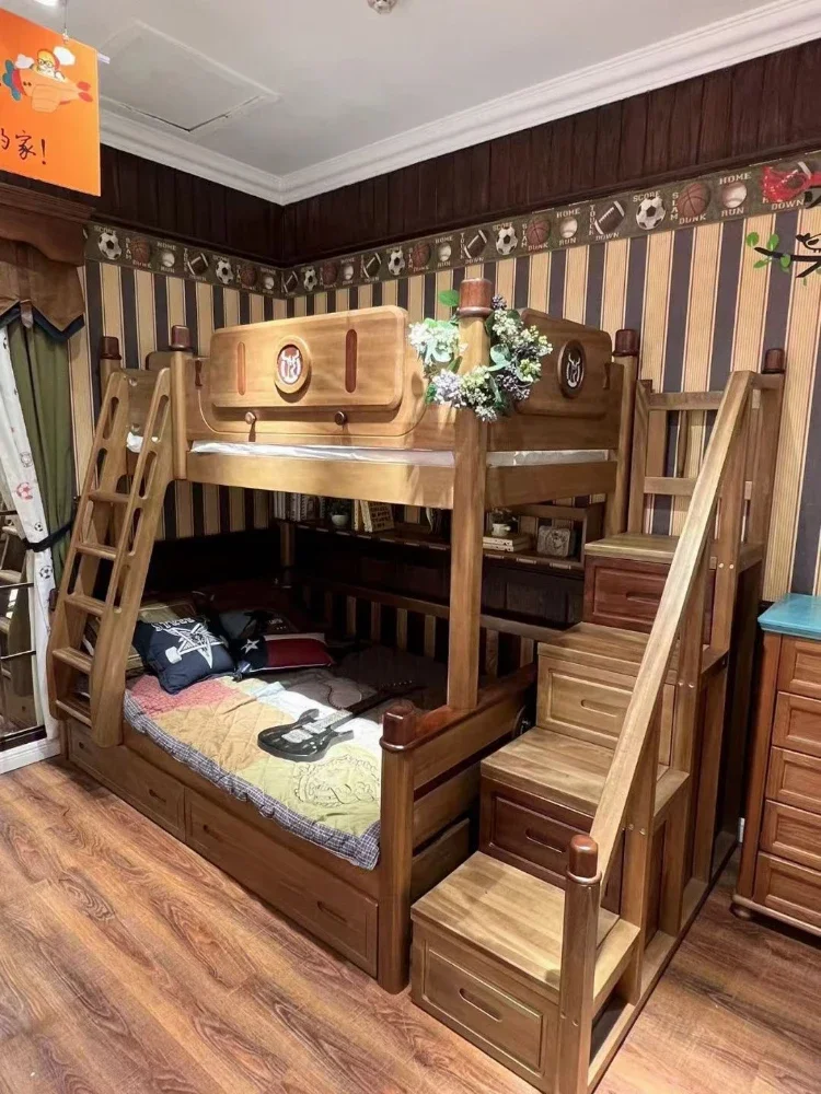 wood wax oil black gold wood full solid wood children's bed, high and low bed, mother bed, multi-functional parent-child bed