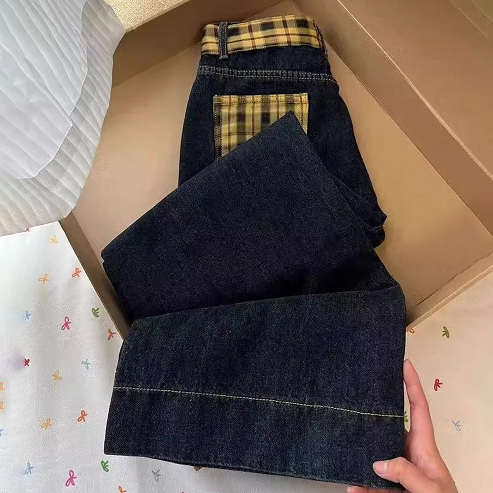 

American Style Retro Wide Leg Jeans for Women High Waist Yellow Plaid Pocket Straight Loose Denim Pants Streetwear Casual Pants