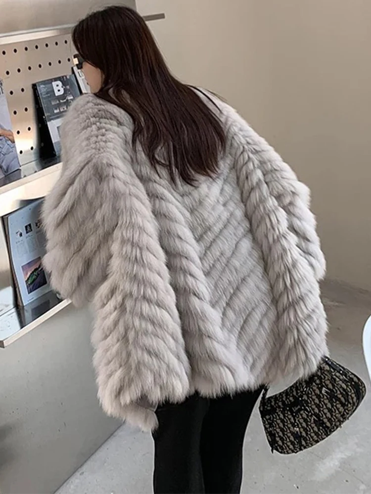 Women Thick Grey Coffee Camel Real Fox Fur Strip Sewed Toghter Oversize Loose Winter Long Real Fox Fur Overcoat