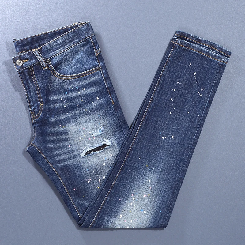 Men Deep‑Blue Whisker Wash White Splatter Paint Square Patch Frayed Ripped Stretch Skinny Denim Jeans Hip‑Hop Streetwear Denim J