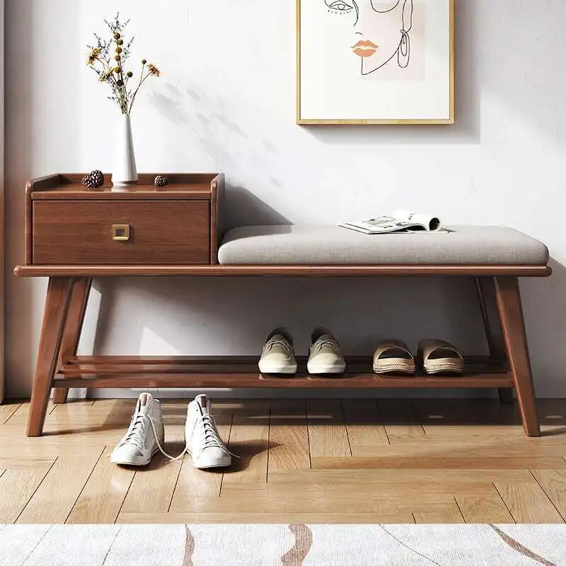 Solid Wood With Drawer Storage Shoe Cupboards Furniture Household Door Shoe Frame Sitting Stool One Long Stool Walnut Foot Stool