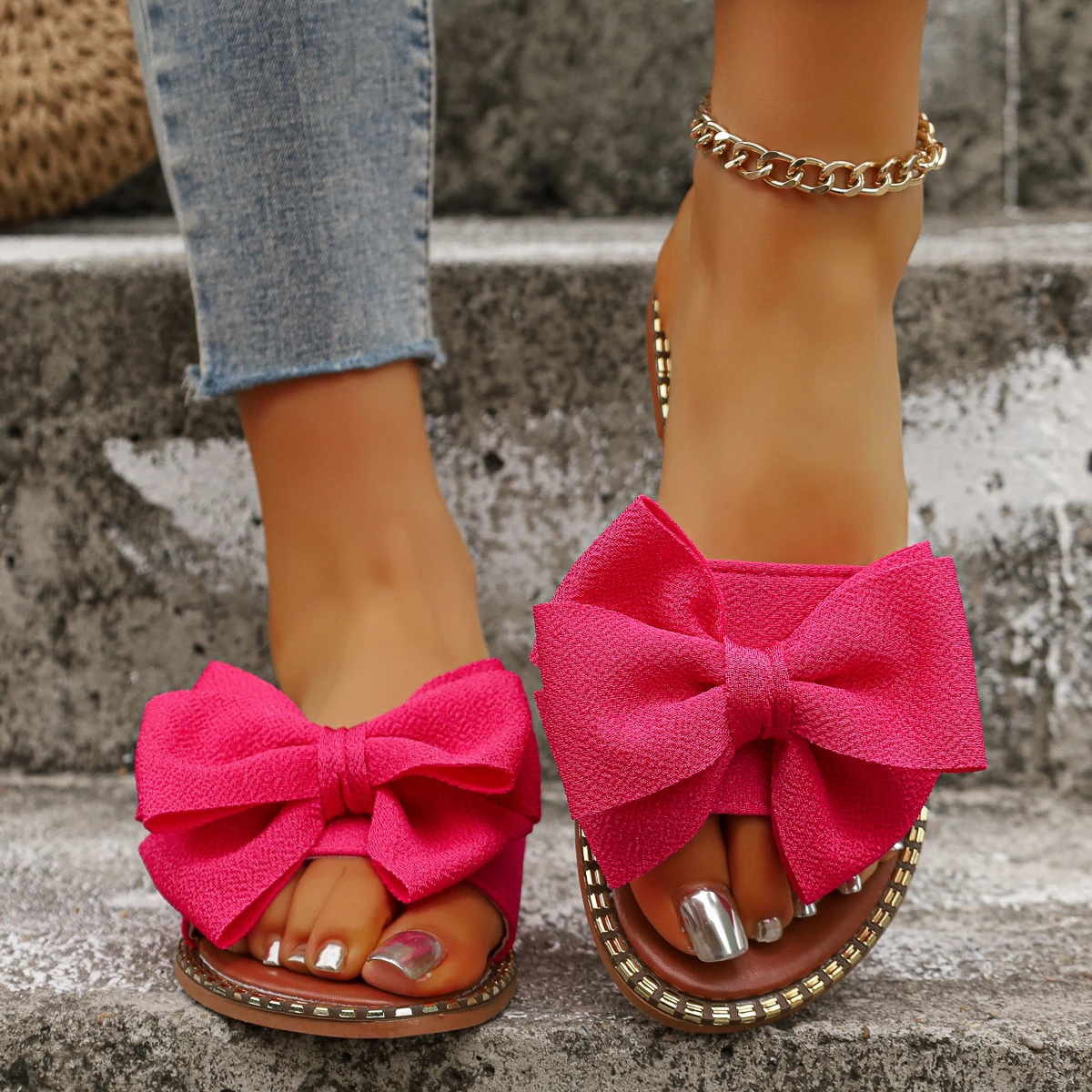 Sexy Designer Women Slippers New Sandals Slides Women Summer Bow Keep Warm Shoes Women Flat Plus Size Slippers Zapatos De Mujer