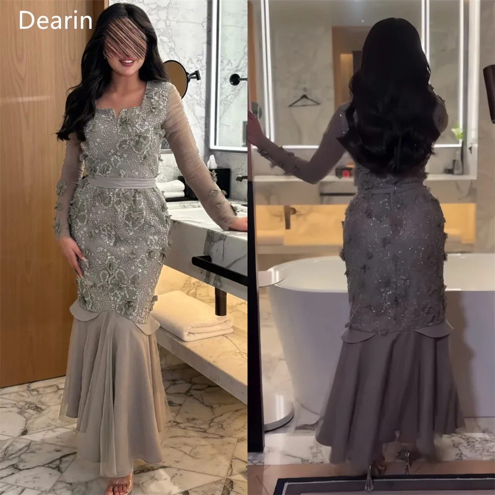 

Customized Prom Gown Evening Formal Dress Dearin Square Collar Mermaid Floor Length Skirts Draped Applique Beading 3D Flower Bes