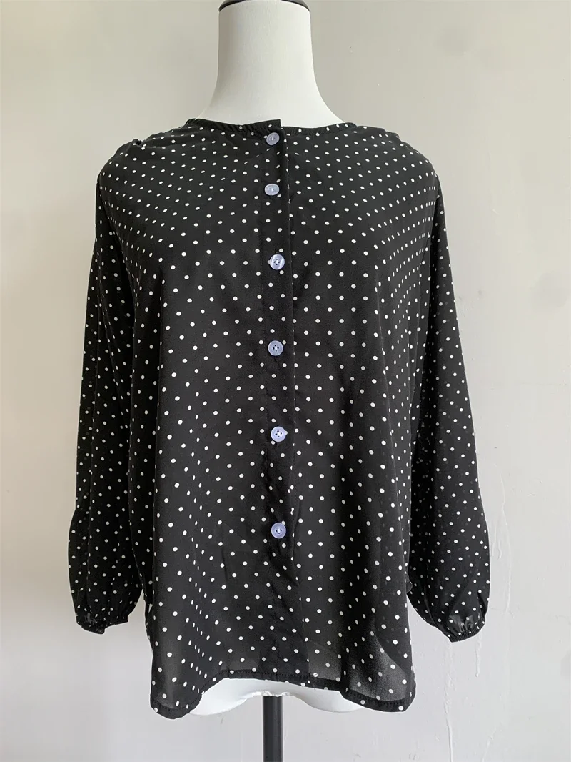 O Neck Dot Print Chiffon Shirt For Women Casual Tops Autumn Long Sleeve Button-up Ladies Blouses Korea Chic Streetwear chemise