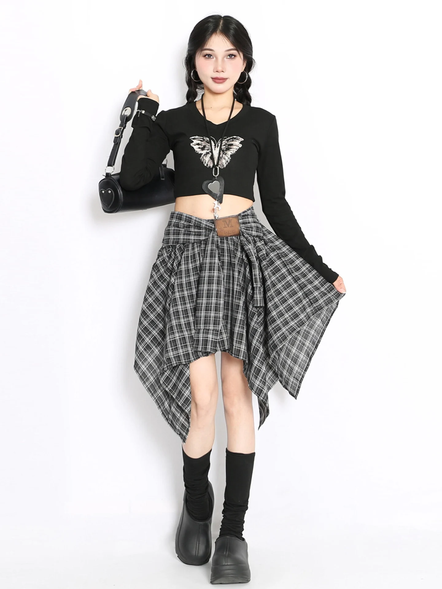 

Американская ретро-юбка А-силуэта с высокой талией в клетку, асимметричный дизайн, повседневная, из полиэстера, приталенная, для лета