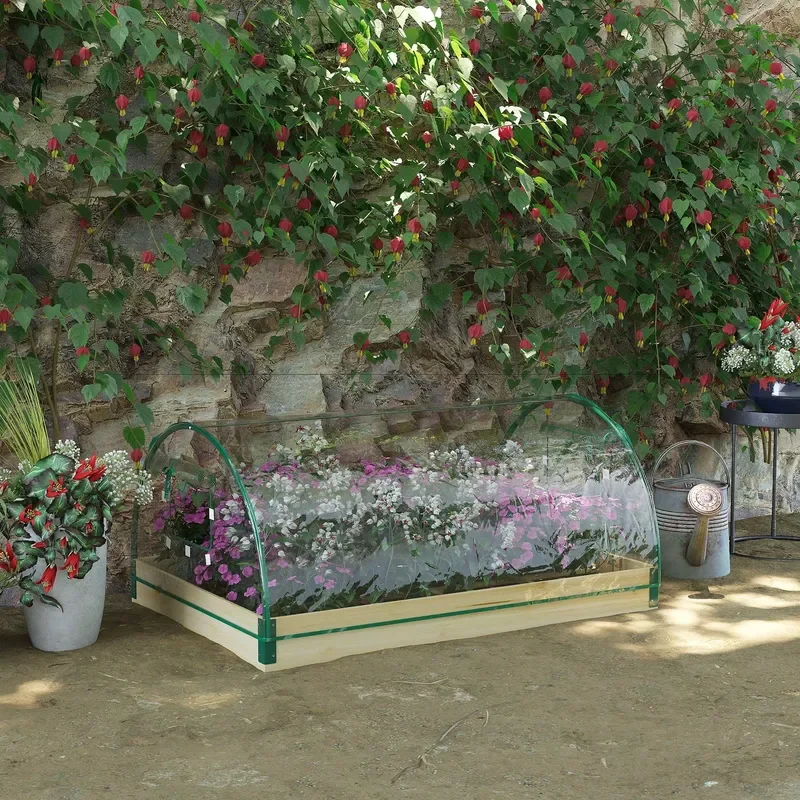 4' X 3' X 2' Wooden Planter Box with PVC Plant Cover Roll Windows Raised Garden Bed Greenhouse for Vegetables and Flowers